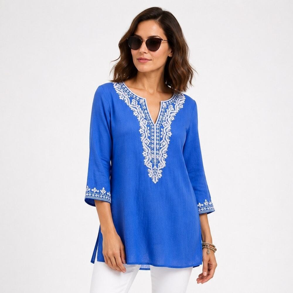 Sulu Blue Embroidered Tunic 2 NWT Boho Resort Silver Bell Sleeve Artisan Coastal